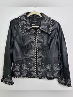 Pamela McCoy Black Leather Jacket Silver Tone Chain Trim Women’s Size Large